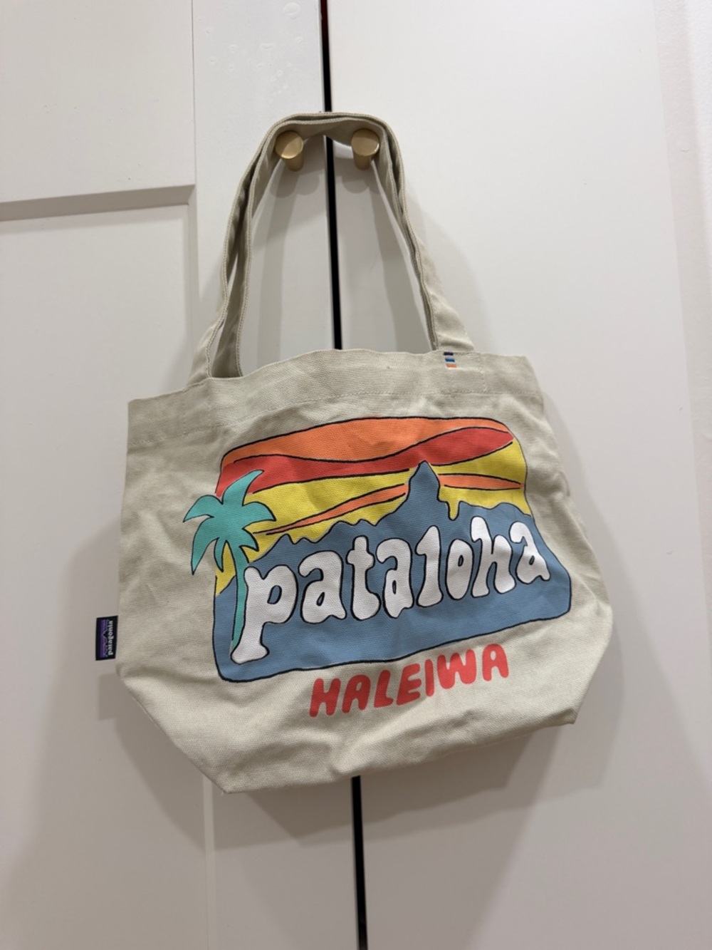 Patagonia Cream Canvas Tote with Colorful Haleiwa Graphic